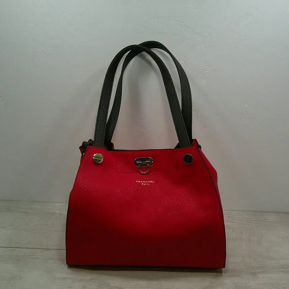 Francinel Paris Cherry Red & Brown Leather Satchel Purse | Pocketbook New w/tags - Picture 2 of 15
